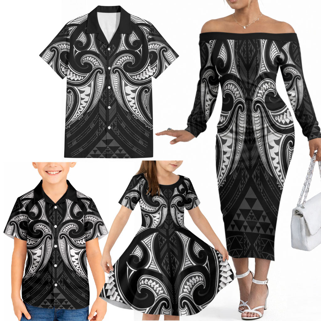 Maori Rugby Custom Ngaru Mangopare Family Matching Off The Shoulder Long Sleeve Dress and Hawaiian Shirt Black Whetu Niho Taniwha Motif