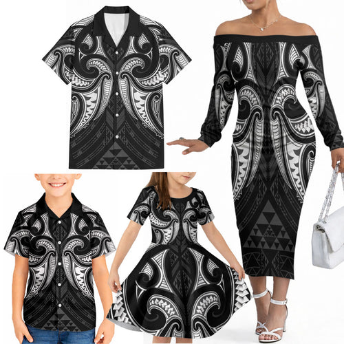 Maori Rugby Custom Ngaru Mangopare Family Matching Off The Shoulder Long Sleeve Dress and Hawaiian Shirt Black Whetu Niho Taniwha Motif
