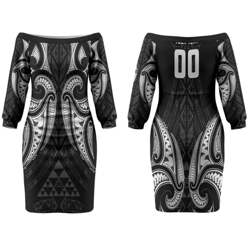 Maori Rugby Custom Ngaru Mangopare Family Matching Off The Shoulder Long Sleeve Dress and Hawaiian Shirt Black Whetu Niho Taniwha Motif