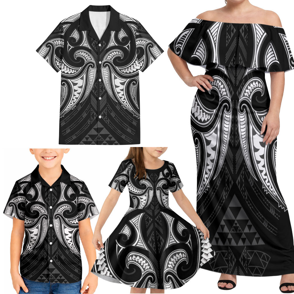 Maori Rugby Custom Ngaru Mangopare Family Matching Off Shoulder Maxi Dress and Hawaiian Shirt Black Whetu Niho Taniwha Motif