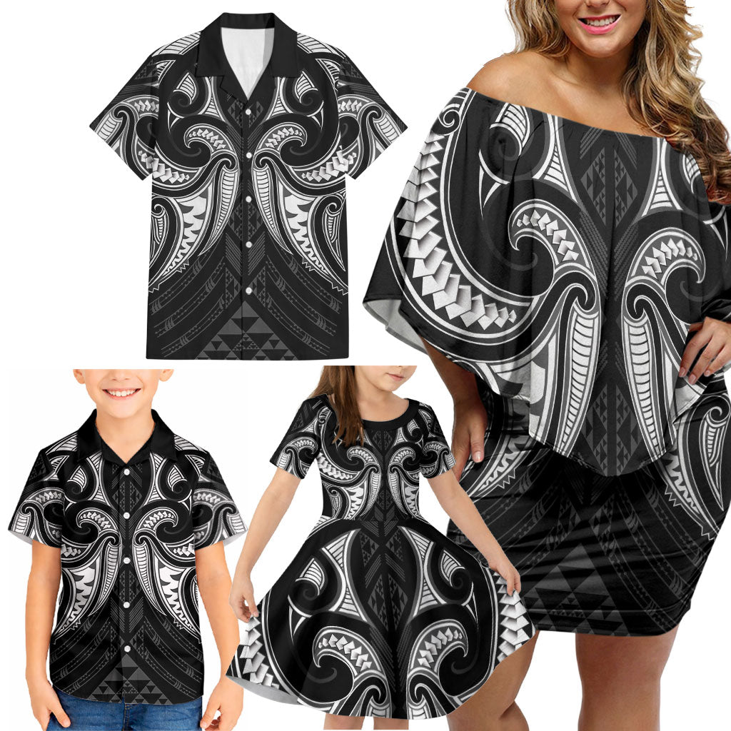 Maori Rugby Custom Ngaru Mangopare Family Matching Off Shoulder Short Dress and Hawaiian Shirt Black Whetu Niho Taniwha Motif