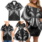Maori Rugby Custom Ngaru Mangopare Family Matching Off Shoulder Short Dress and Hawaiian Shirt Black Whetu Niho Taniwha Motif