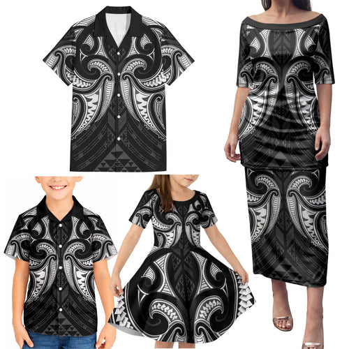 Maori Rugby Custom Ngaru Mangopare Family Matching Puletasi and Hawaiian Shirt Black Whetu Niho Taniwha Motif