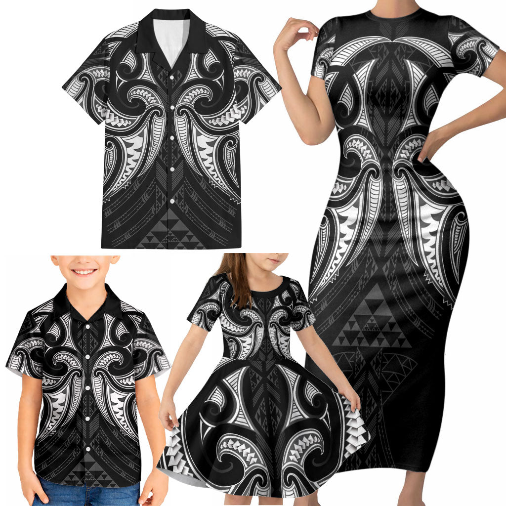 Maori Rugby Custom Ngaru Mangopare Family Matching Short Sleeve Bodycon Dress and Hawaiian Shirt Black Whetu Niho Taniwha Motif