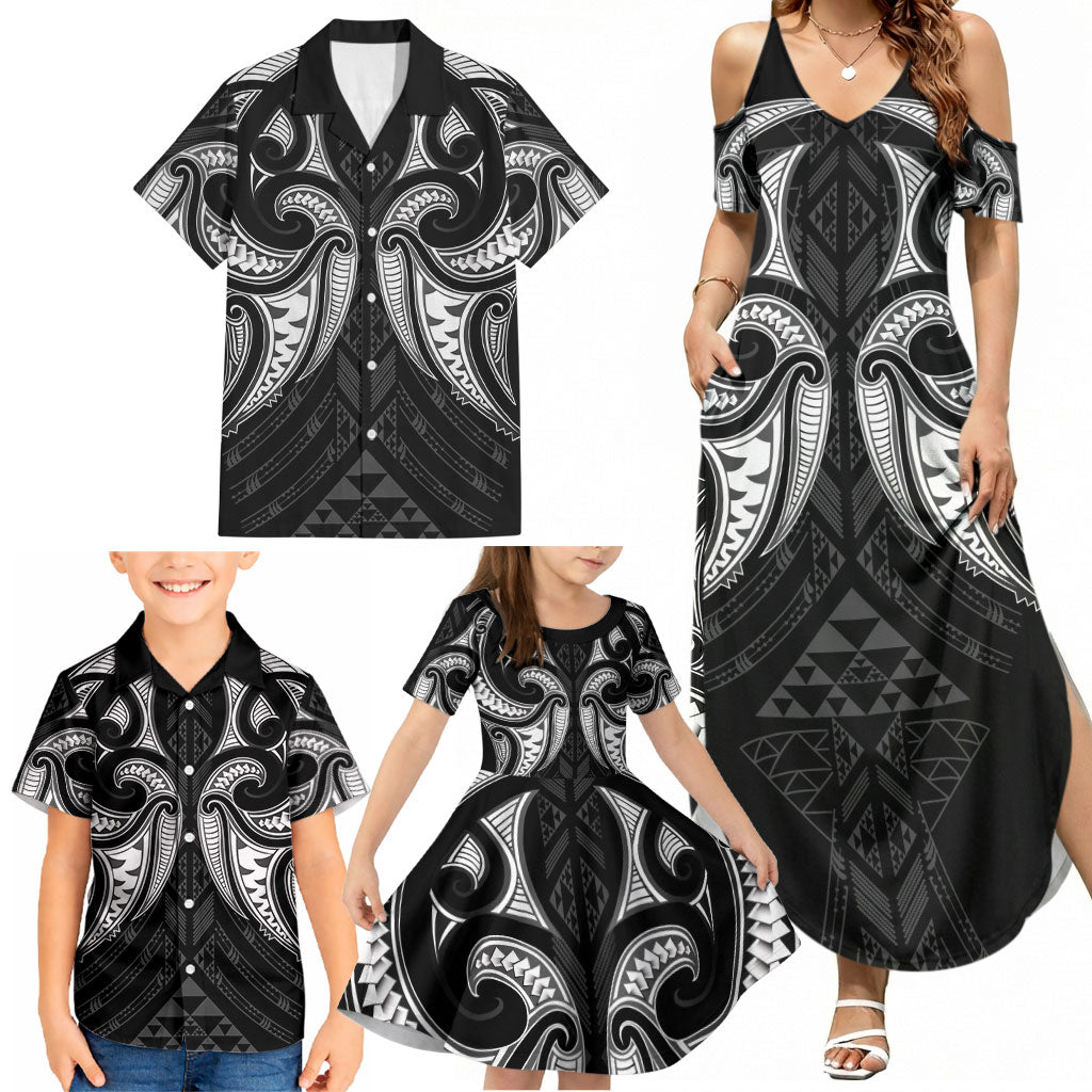 Maori Rugby Custom Ngaru Mangopare Family Matching Summer Maxi Dress and Hawaiian Shirt Black Whetu Niho Taniwha Motif