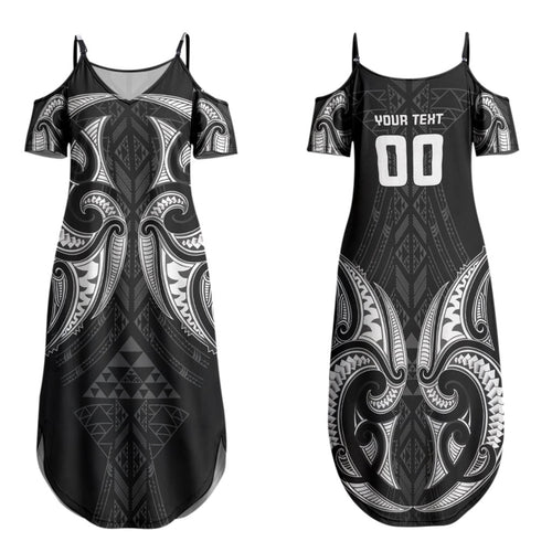 Maori Rugby Custom Ngaru Mangopare Family Matching Summer Maxi Dress and Hawaiian Shirt Black Whetu Niho Taniwha Motif