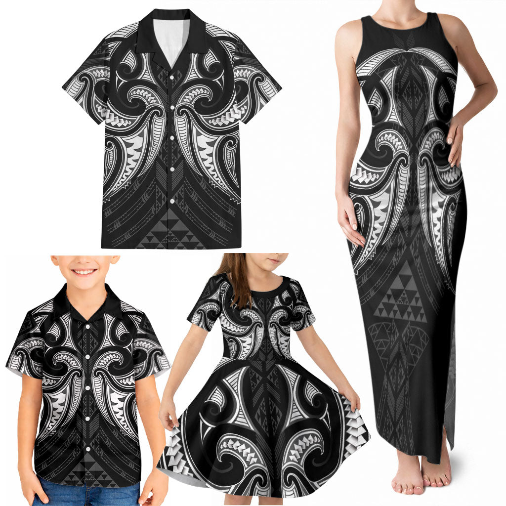 Maori Rugby Custom Ngaru Mangopare Family Matching Tank Maxi Dress and Hawaiian Shirt Black Whetu Niho Taniwha Motif