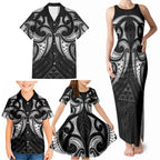 Maori Rugby Custom Ngaru Mangopare Family Matching Tank Maxi Dress and Hawaiian Shirt Black Whetu Niho Taniwha Motif