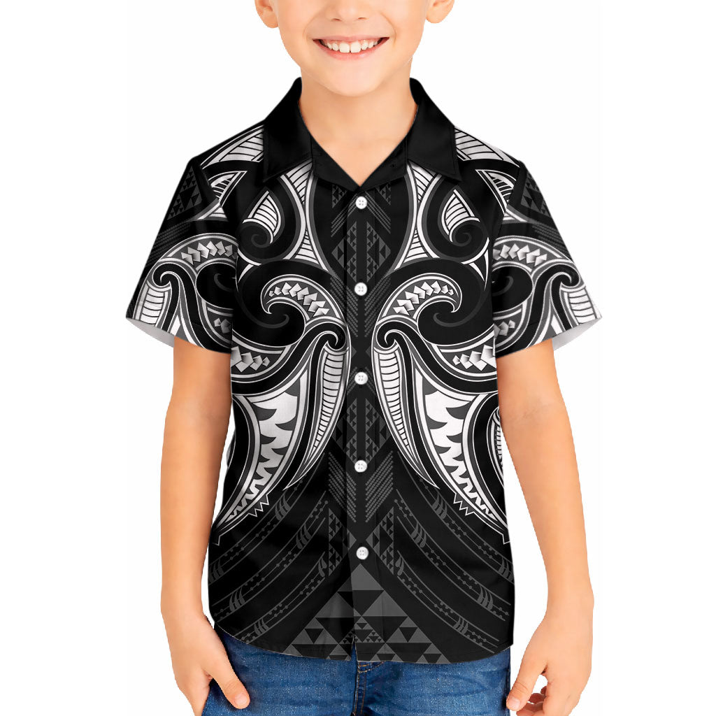 Maori Rugby Custom Ngaru Mangopare Kid Hawaiian Shirt Black Whetu Niho Taniwha Motif