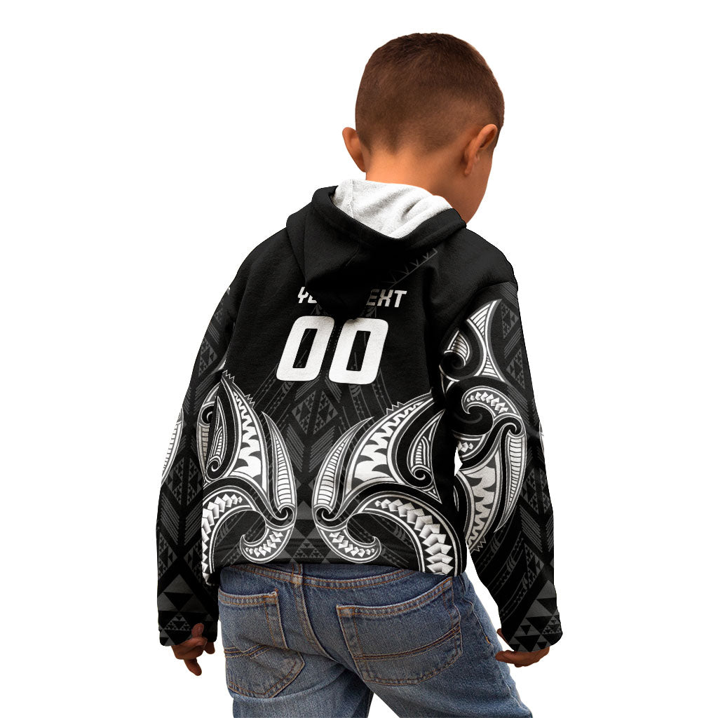 Maori Rugby Custom Ngaru Mangopare Kid Hoodie Black Whetu Niho Taniwha Motif