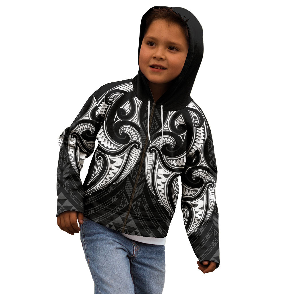 Maori Rugby Custom Ngaru Mangopare Kid Hoodie Black Whetu Niho Taniwha Motif