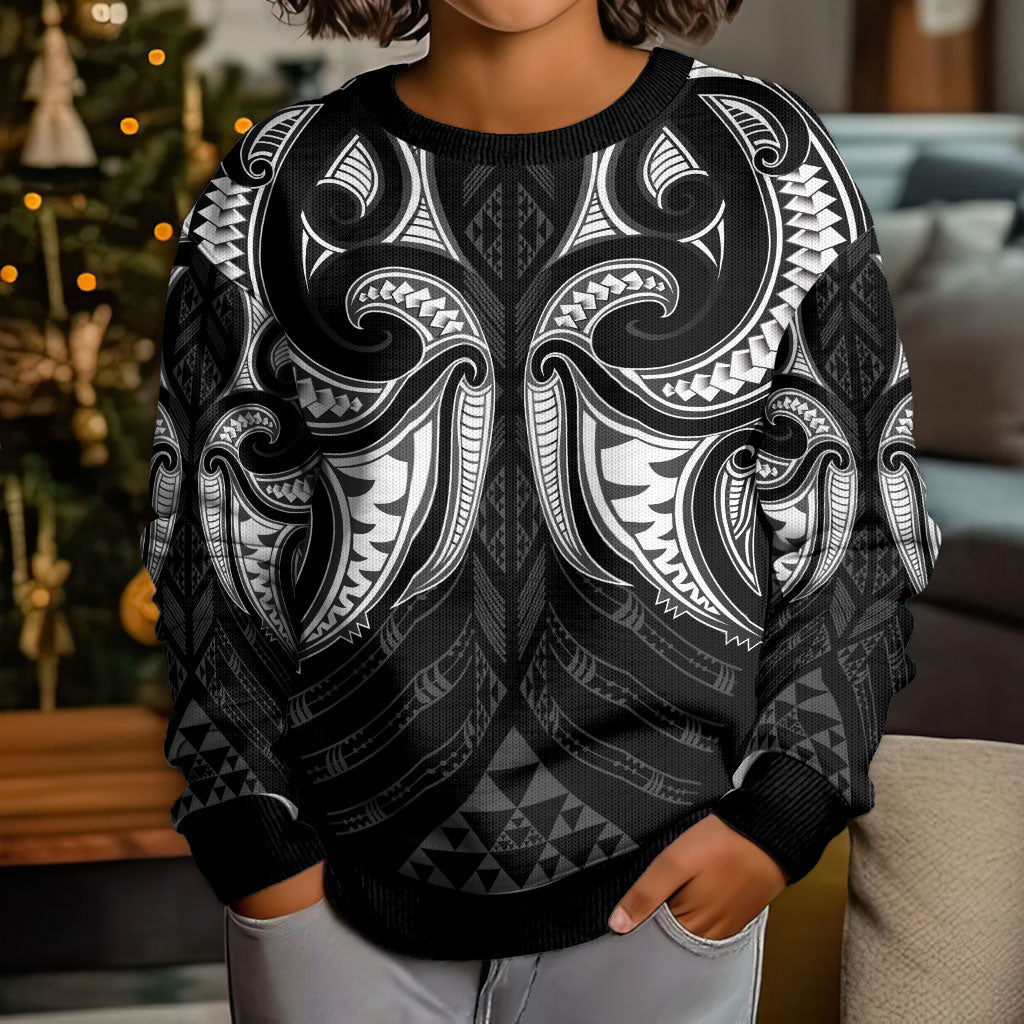 Maori Rugby Custom Ngaru Mangopare Kid Ugly Christmas Sweater Black Whetu Niho Taniwha Motif