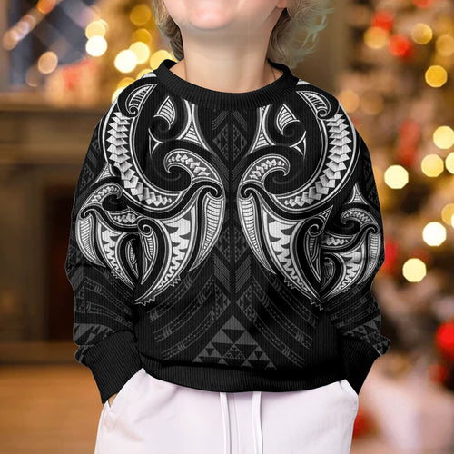 Maori Rugby Custom Ngaru Mangopare Kid Ugly Christmas Sweater Black Whetu Niho Taniwha Motif