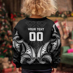 Maori Rugby Custom Ngaru Mangopare Kid Ugly Christmas Sweater Black Whetu Niho Taniwha Motif