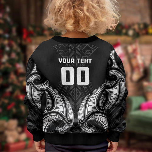 Maori Rugby Custom Ngaru Mangopare Kid Ugly Christmas Sweater Black Whetu Niho Taniwha Motif