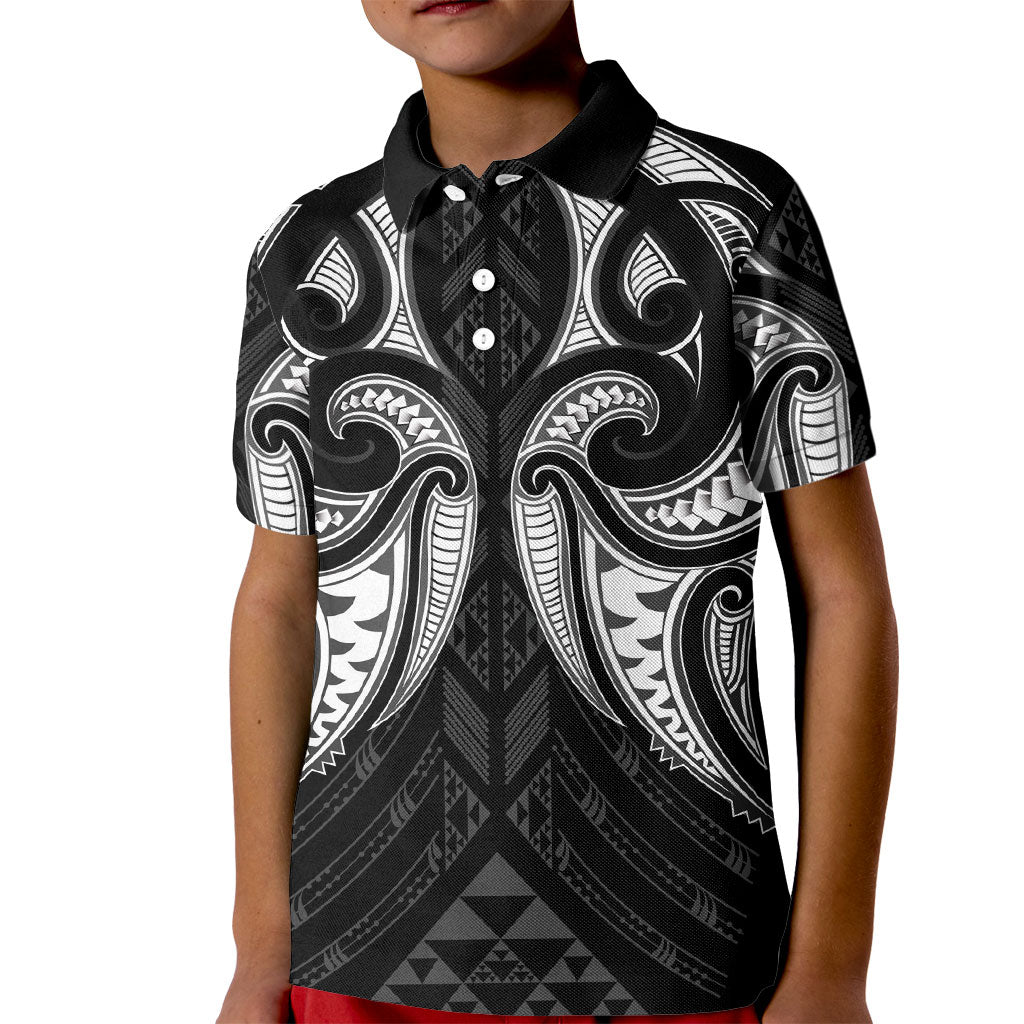 Maori Rugby Custom Ngaru Mangopare Kid Polo Shirt Black Whetu Niho Taniwha Motif