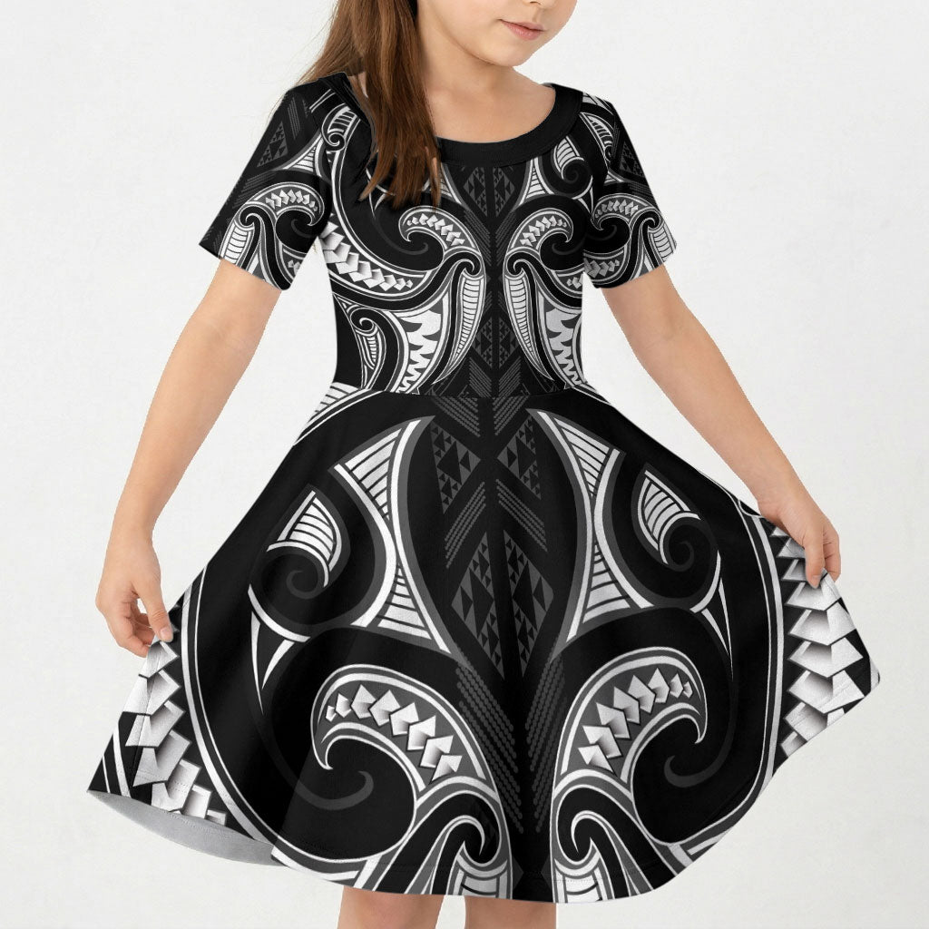 Maori Rugby Custom Ngaru Mangopare Kid Short Sleeve Dress Black Whetu Niho Taniwha Motif