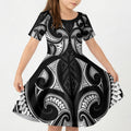 Maori Rugby Custom Ngaru Mangopare Kid Short Sleeve Dress Black Whetu Niho Taniwha Motif