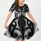 Maori Rugby Custom Ngaru Mangopare Kid Short Sleeve Dress Black Whetu Niho Taniwha Motif