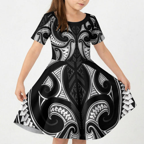 Maori Rugby Custom Ngaru Mangopare Kid Short Sleeve Dress Black Whetu Niho Taniwha Motif