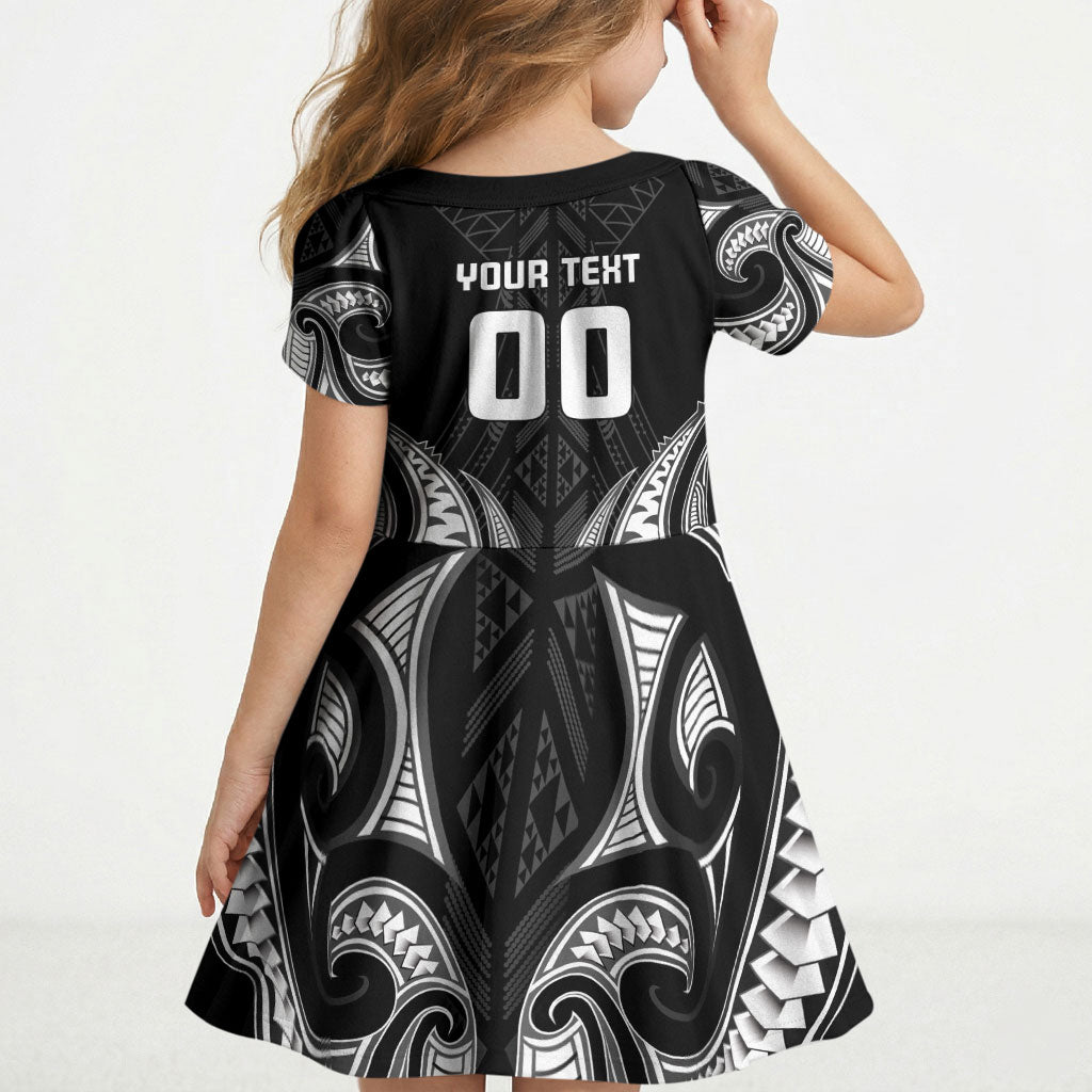 Maori Rugby Custom Ngaru Mangopare Kid Short Sleeve Dress Black Whetu Niho Taniwha Motif