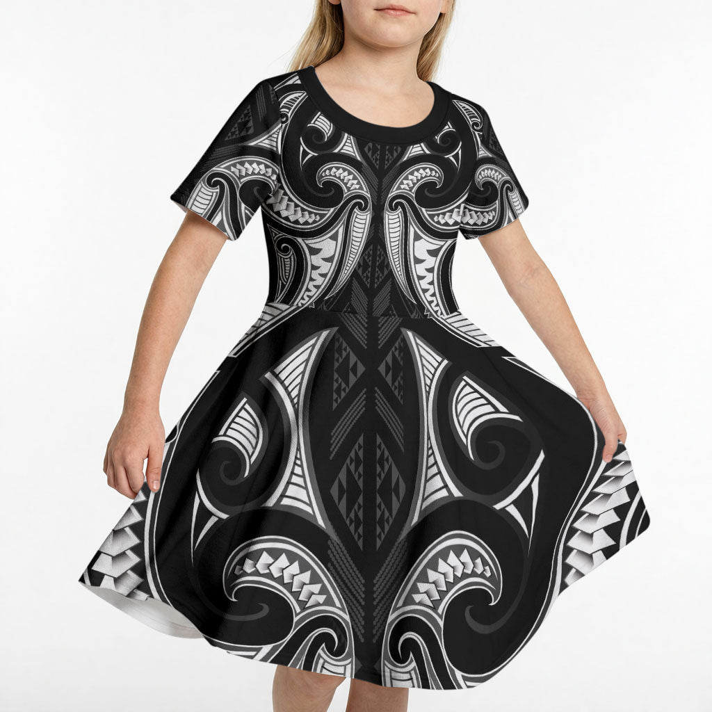 Maori Rugby Custom Ngaru Mangopare Kid Short Sleeve Dress Black Whetu Niho Taniwha Motif