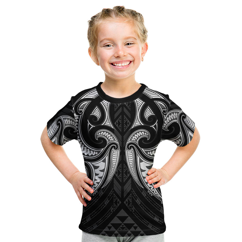 Maori Rugby Custom Ngaru Mangopare Kid T Shirt Black Whetu Niho Taniwha Motif