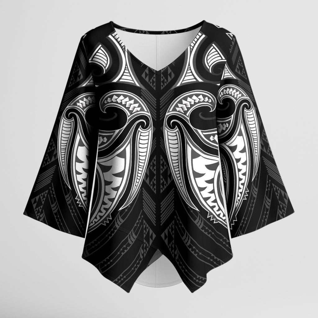 Maori Rugby Custom Ngaru Mangopare Kimono Sleeve Blouse Black Whetu Niho Taniwha Motif