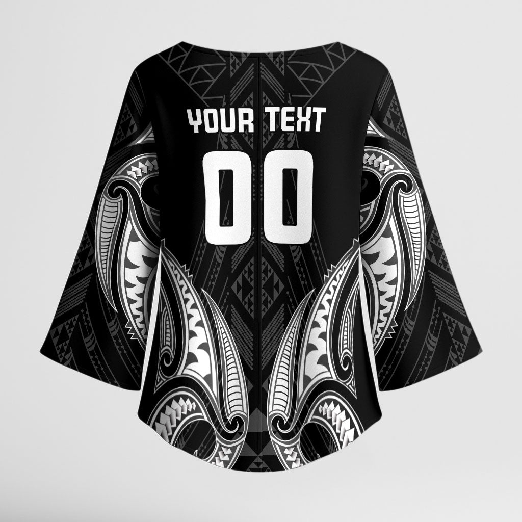 Maori Rugby Custom Ngaru Mangopare Kimono Sleeve Blouse Black Whetu Niho Taniwha Motif