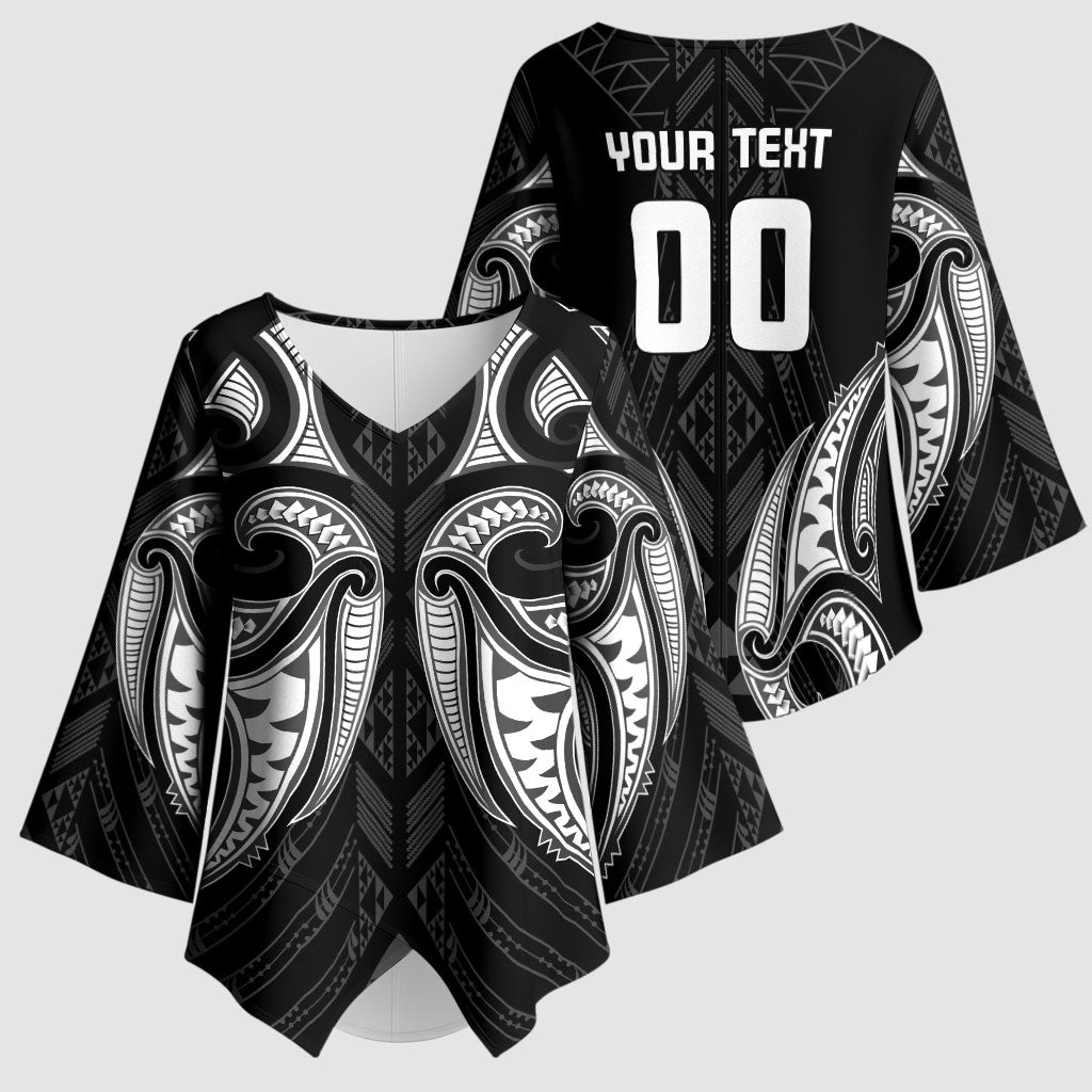 Maori Rugby Custom Ngaru Mangopare Kimono Sleeve Blouse Black Whetu Niho Taniwha Motif