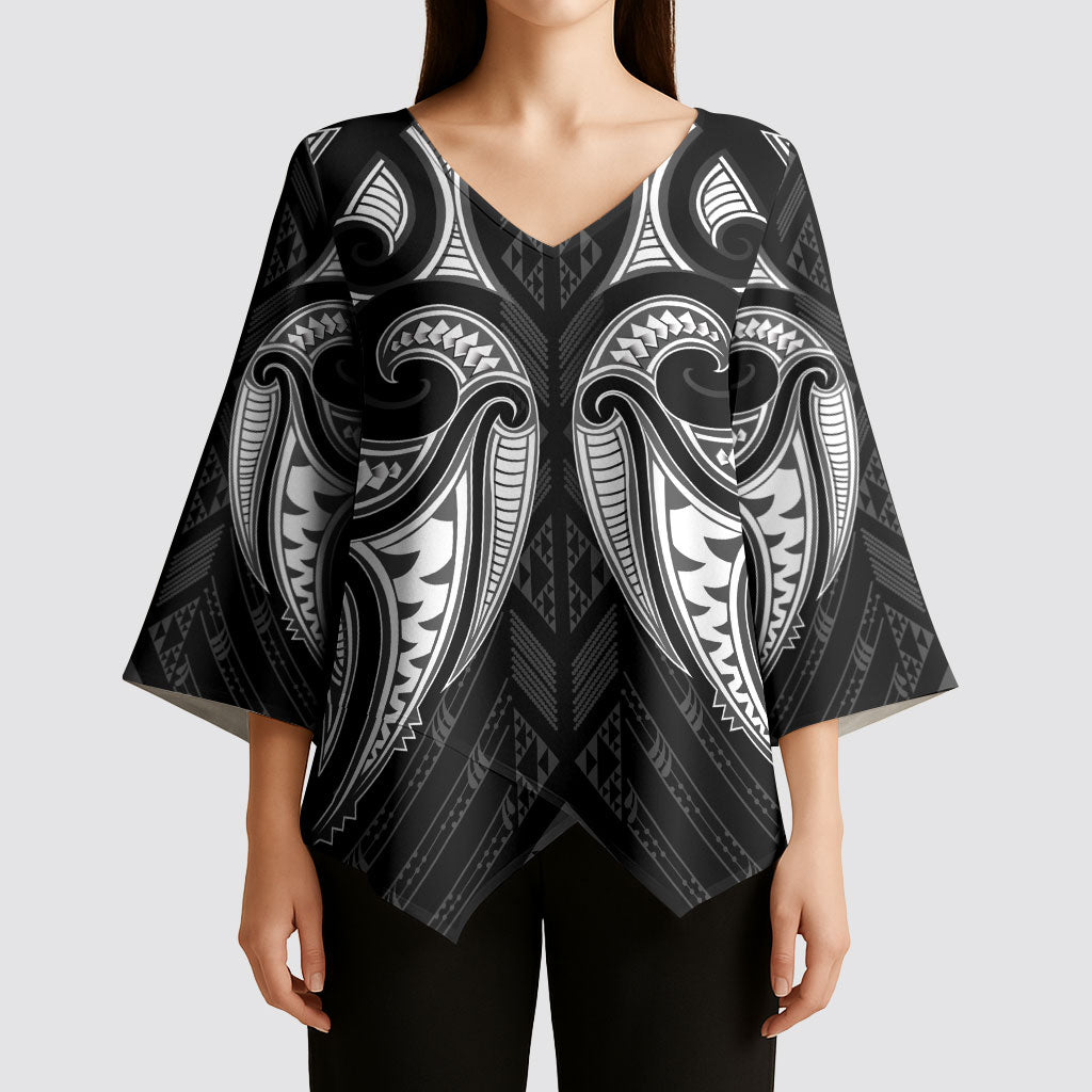 Maori Rugby Custom Ngaru Mangopare Kimono Sleeve Blouse Black Whetu Niho Taniwha Motif