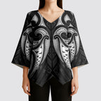 Maori Rugby Custom Ngaru Mangopare Kimono Sleeve Blouse Black Whetu Niho Taniwha Motif