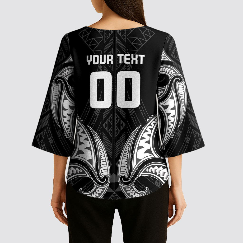 Maori Rugby Custom Ngaru Mangopare Kimono Sleeve Blouse Black Whetu Niho Taniwha Motif
