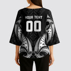 Maori Rugby Custom Ngaru Mangopare Kimono Sleeve Blouse Black Whetu Niho Taniwha Motif