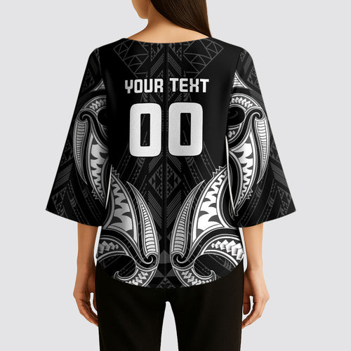 Maori Rugby Custom Ngaru Mangopare Kimono Sleeve Blouse Black Whetu Niho Taniwha Motif
