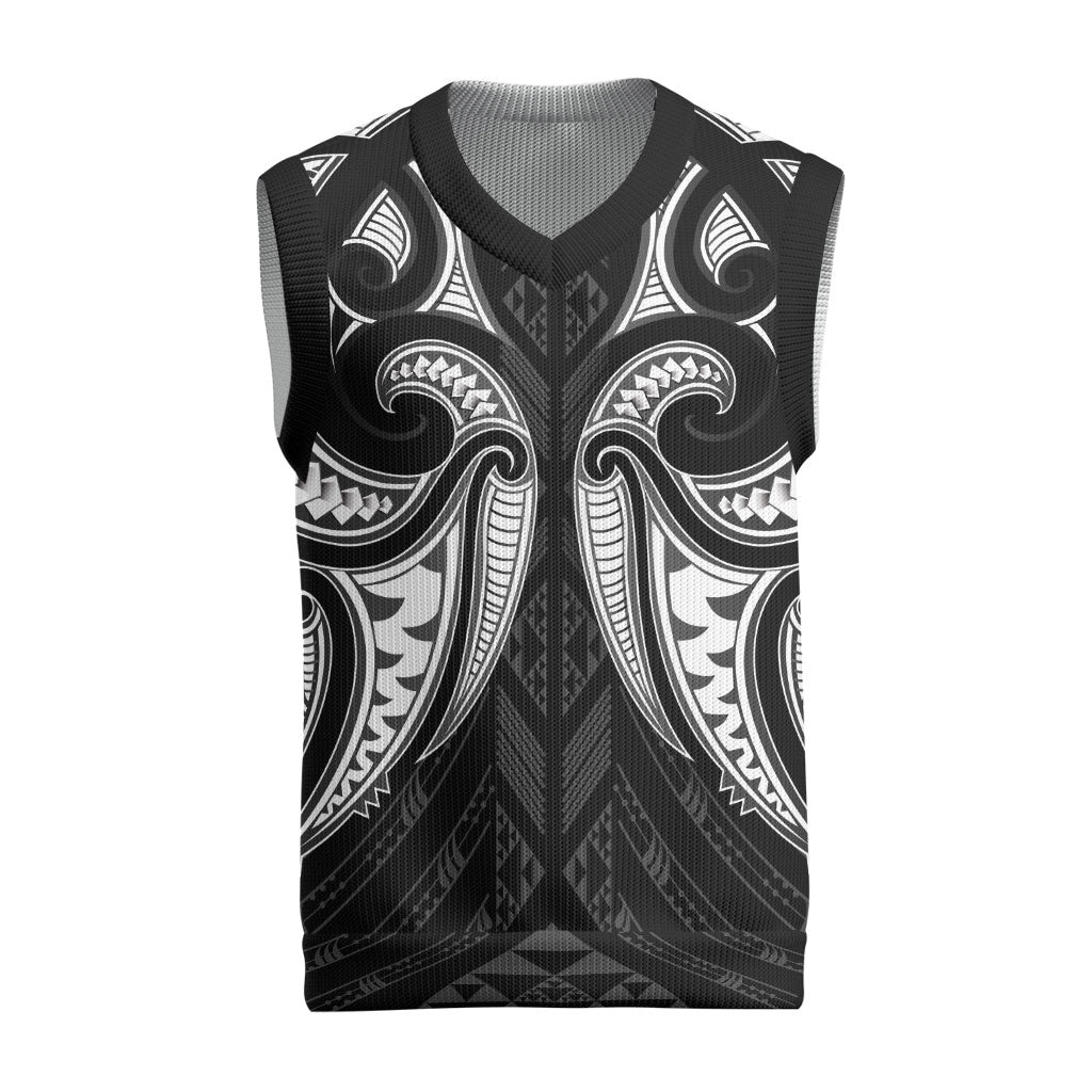 Maori Rugby Custom Ngaru Mangopare Christmas Knitted V-Neck Vest Black Whetu Niho Taniwha Motif