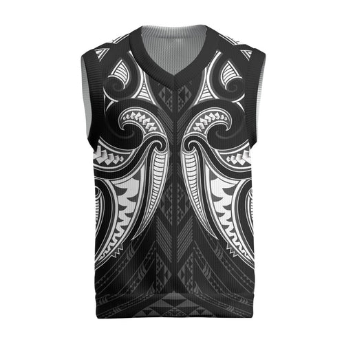 Maori Rugby Custom Ngaru Mangopare Christmas Knitted V-Neck Vest Black Whetu Niho Taniwha Motif