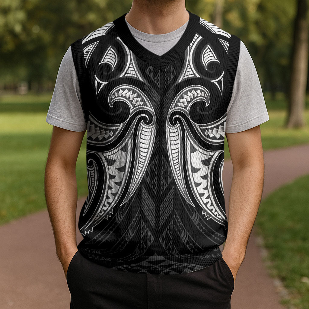 Maori Rugby Custom Ngaru Mangopare Christmas Knitted V-Neck Vest Black Whetu Niho Taniwha Motif