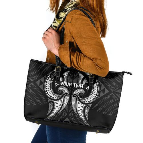 Maori Rugby Custom Ngaru Mangopare Leather Tote Bag Black Whetu Niho Taniwha Motif