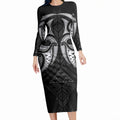 Maori Rugby Custom Ngaru Mangopare Long Sleeve Bodycon Dress Black Whetu Niho Taniwha Motif
