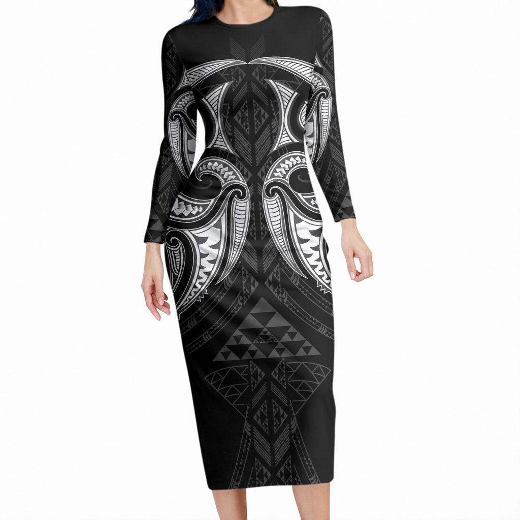 Maori Rugby Custom Ngaru Mangopare Long Sleeve Bodycon Dress Black Whetu Niho Taniwha Motif