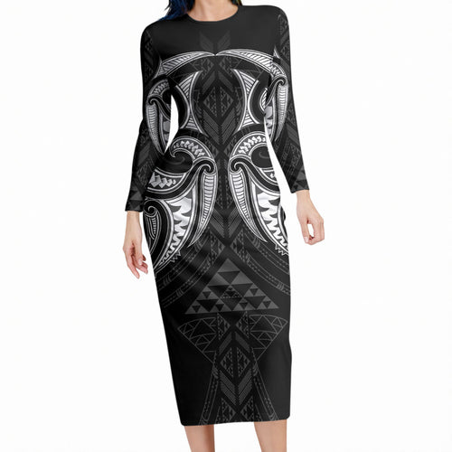Maori Rugby Custom Ngaru Mangopare Long Sleeve Bodycon Dress Black Whetu Niho Taniwha Motif