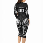 Maori Rugby Custom Ngaru Mangopare Long Sleeve Bodycon Dress Black Whetu Niho Taniwha Motif