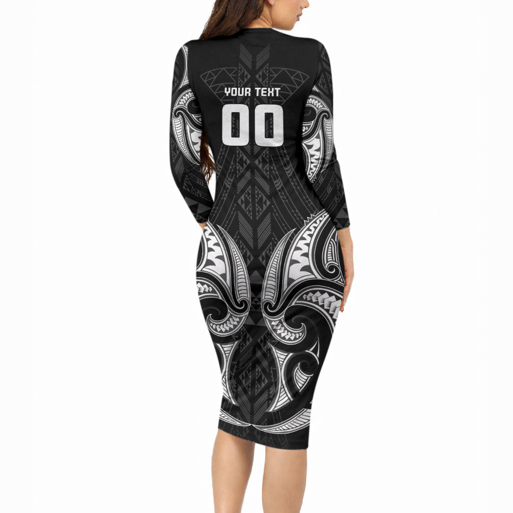 Maori Rugby Custom Ngaru Mangopare Long Sleeve Bodycon Dress Black Whetu Niho Taniwha Motif