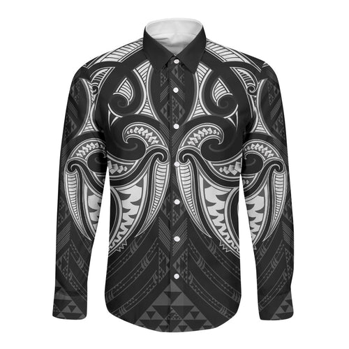 Maori Rugby Custom Ngaru Mangopare Long Sleeve Button Shirt Black Whetu Niho Taniwha Motif