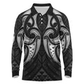 Maori Rugby Custom Ngaru Mangopare Long Sleeve Polo Shirt Black Whetu Niho Taniwha Motif