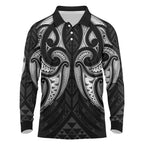 Maori Rugby Custom Ngaru Mangopare Long Sleeve Polo Shirt Black Whetu Niho Taniwha Motif