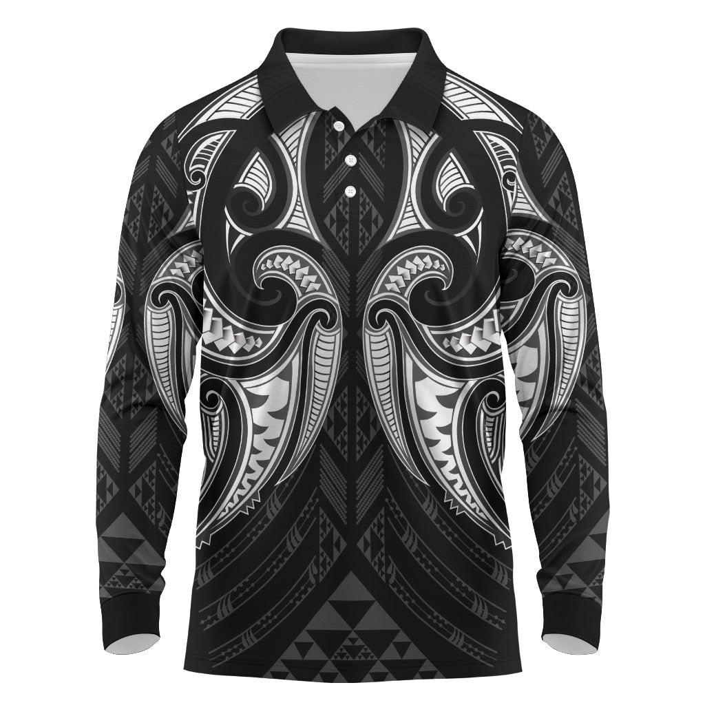 Maori Rugby Custom Ngaru Mangopare Long Sleeve Polo Shirt Black Whetu Niho Taniwha Motif
