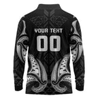 Maori Rugby Custom Ngaru Mangopare Long Sleeve Polo Shirt Black Whetu Niho Taniwha Motif
