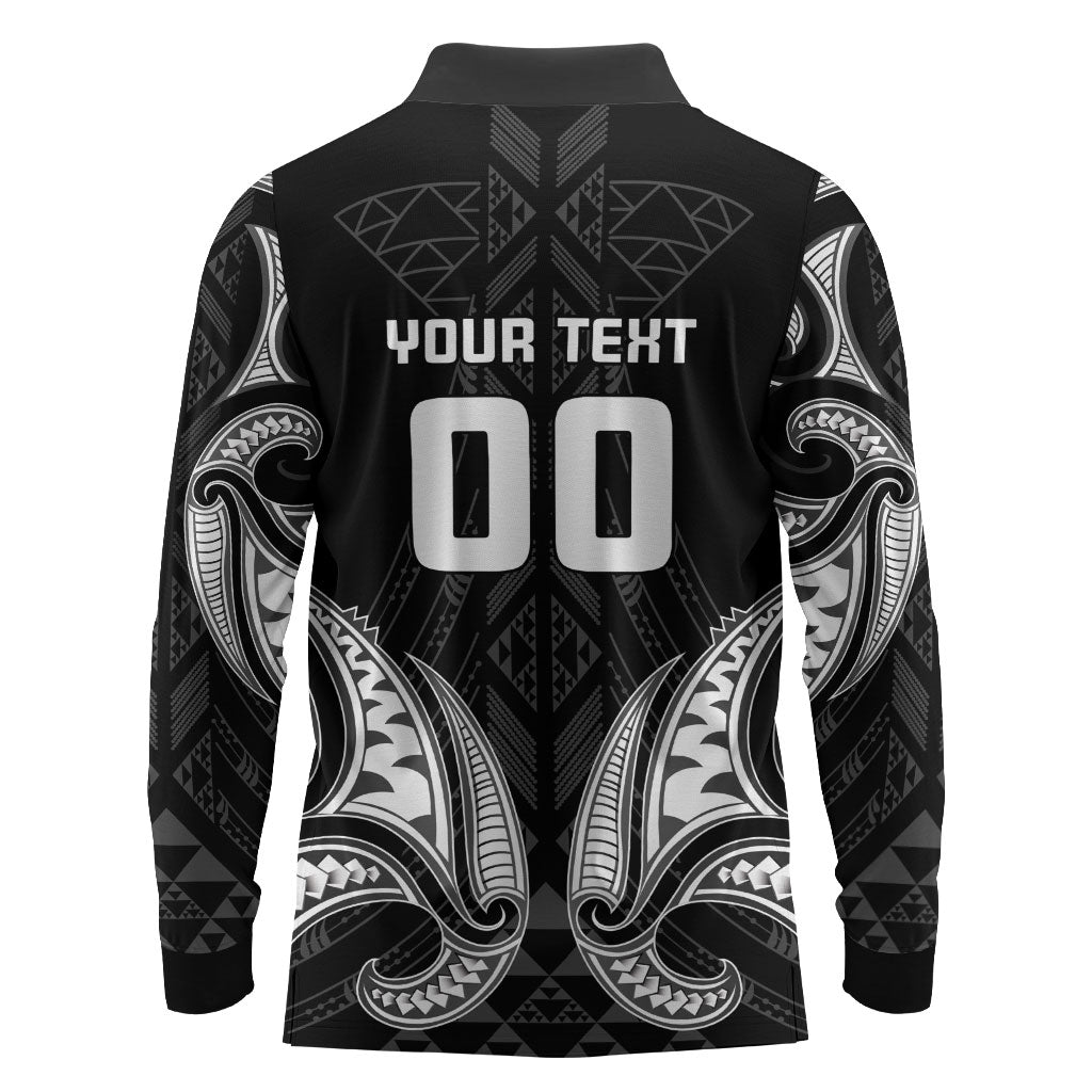 Maori Rugby Custom Ngaru Mangopare Long Sleeve Polo Shirt Black Whetu Niho Taniwha Motif